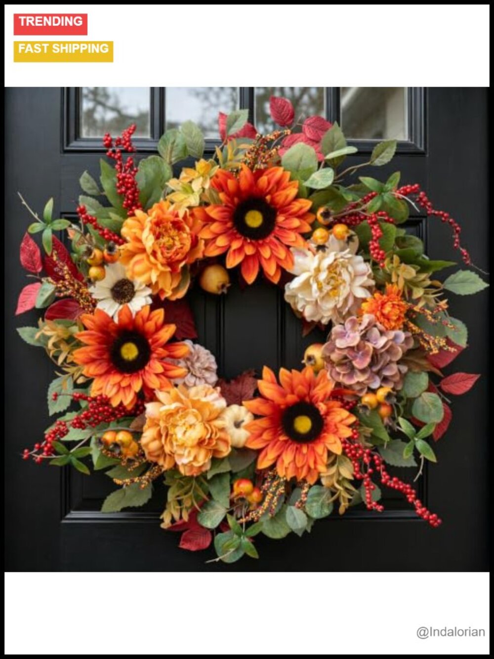 24 Inch Harvest Fall Wreath with Sunflower Peony Hydrangeas Front Door Decor